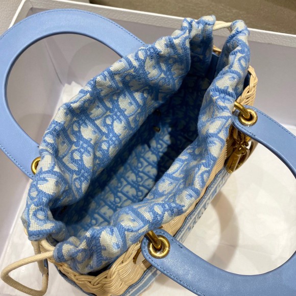 D*or lady D*or medium bag in wicker and light blue oblique jacquard