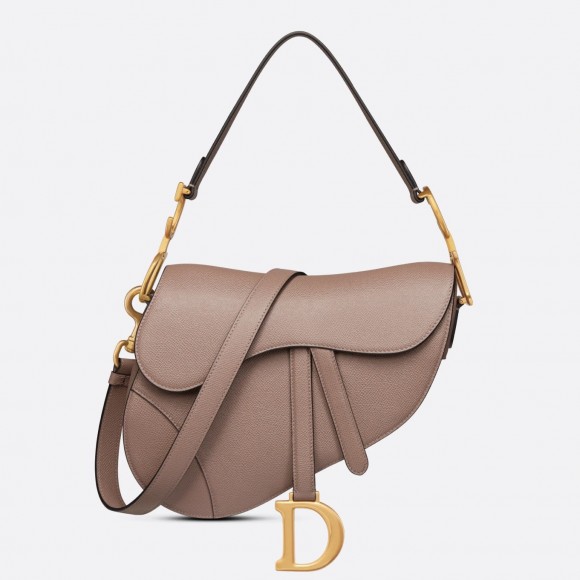 D*or saddle bag with strap in warm taupe grained calfskin