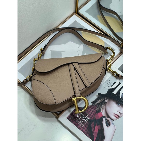 D*or saddle bag with strap in warm taupe grained calfskin