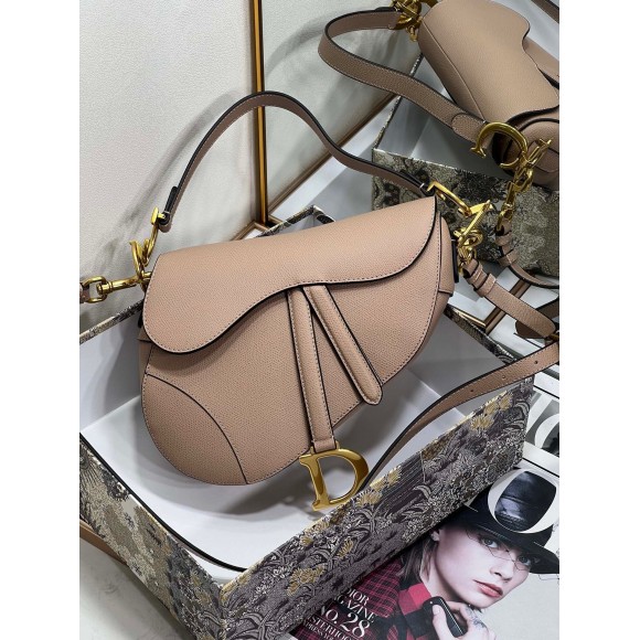 D*or saddle bag with strap in warm taupe grained calfskin