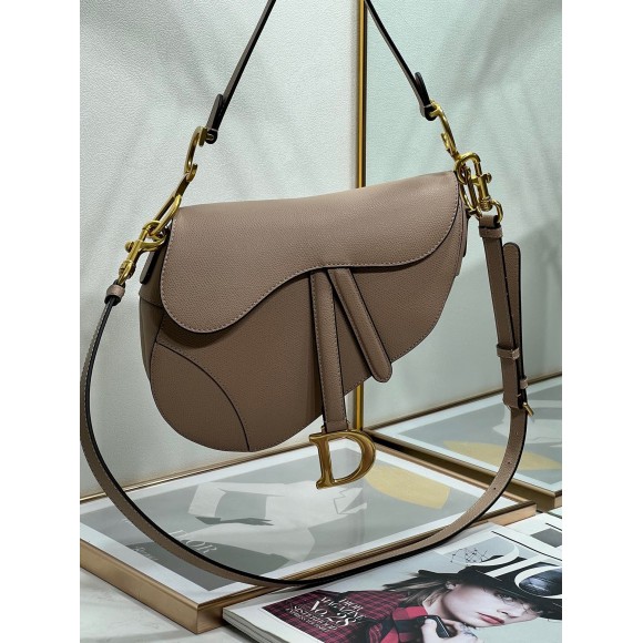 D*or saddle bag with strap in warm taupe grained calfskin