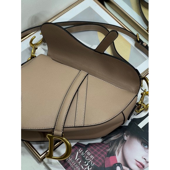 D*or saddle bag with strap in warm taupe grained calfskin