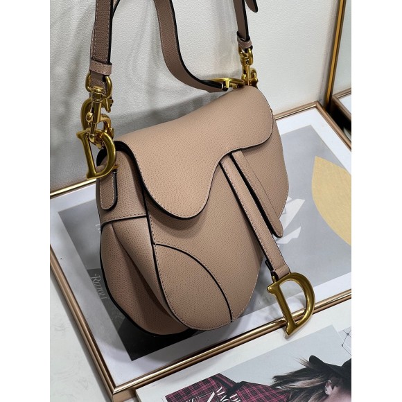 D*or saddle bag with strap in warm taupe grained calfskin