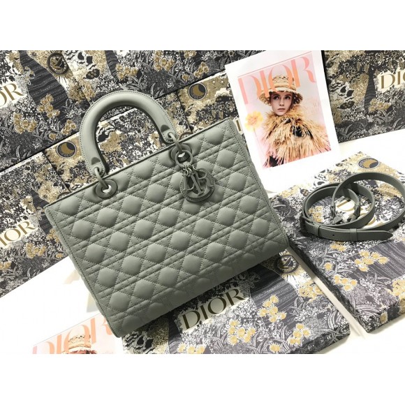 D*or lady D*or large bag in grey ultramatte cannage calfskin