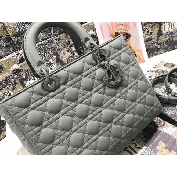 D*or lady D*or large bag in grey ultramatte cannage calfskin