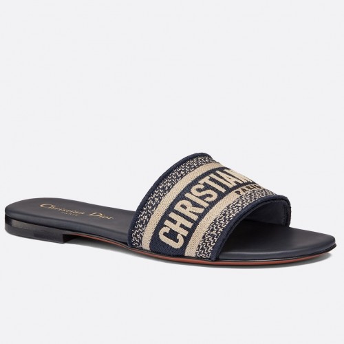 Dior Dway Slides In Deep Blue Embroidered Cotton