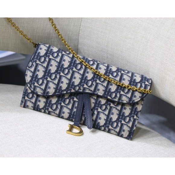 D*or saddle chain wallet in blue oblique jacquard