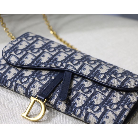 D*or saddle chain wallet in blue oblique jacquard