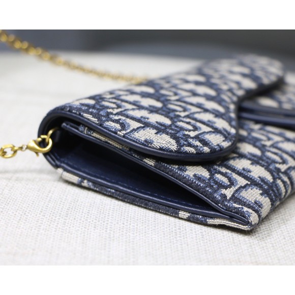 D*or saddle chain wallet in blue oblique jacquard