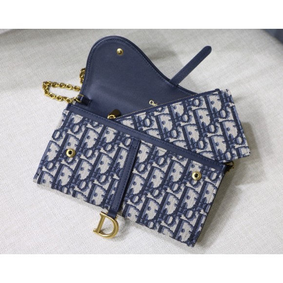 D*or saddle chain wallet in blue oblique jacquard