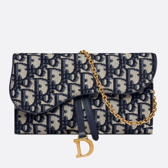 D*or saddle chain wallet in blue oblique jacquard