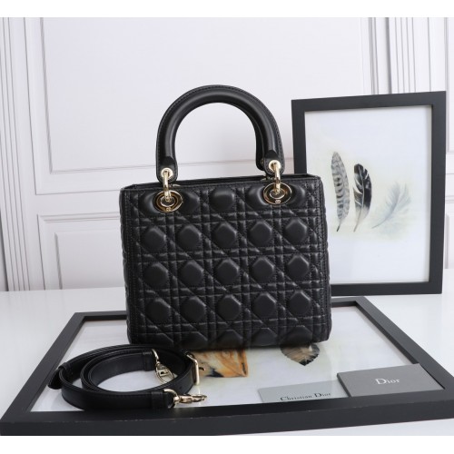 Dior Lady Dior Medium Bag in Black Lambskin with Enamel Charm