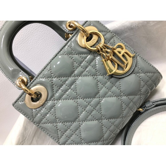 D*or lady D*or mini chain bag with chain in grey patent calfskin