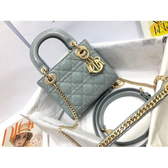 D*or lady D*or mini chain bag with chain in grey patent calfskin