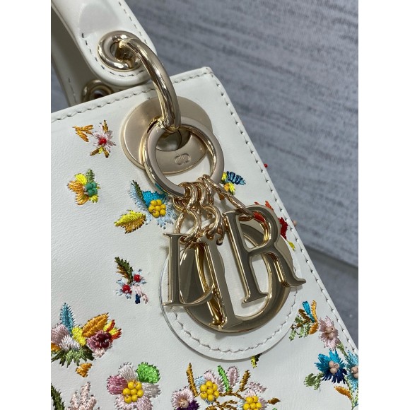 D*or lady D*or mini bag in white calfskin with multicolor small flowers