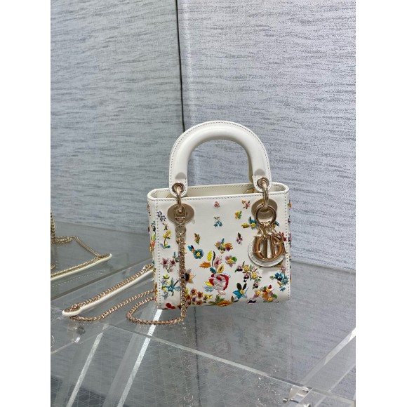 D*or lady D*or mini bag in white calfskin with multicolor small flowers