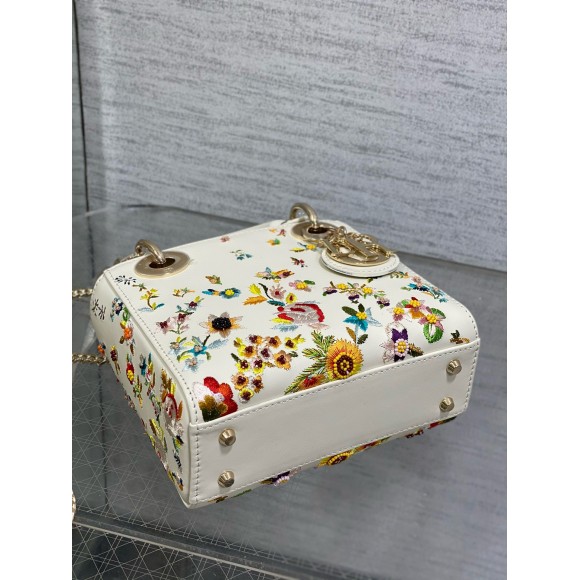 D*or lady D*or mini bag in white calfskin with multicolor small flowers