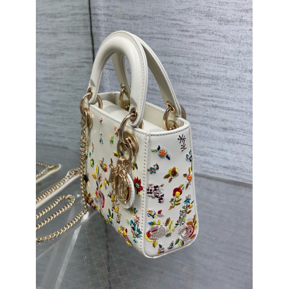 D*or lady D*or mini bag in white calfskin with multicolor small flowers