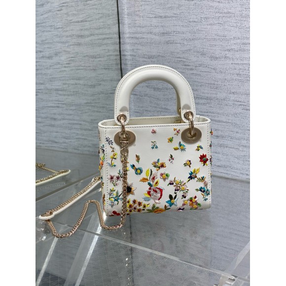 D*or lady D*or mini bag in white calfskin with multicolor small flowers