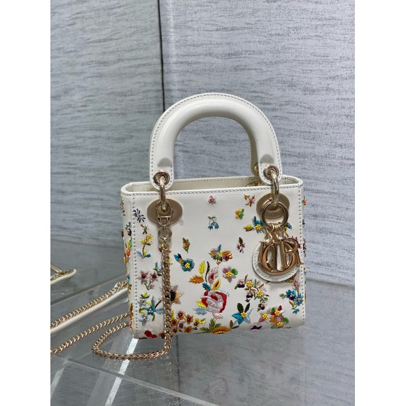 D*or lady D*or mini bag in white calfskin with multicolor small flowers