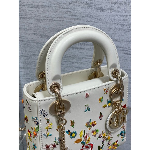 D*or lady D*or mini bag in white calfskin with multicolor small flowers