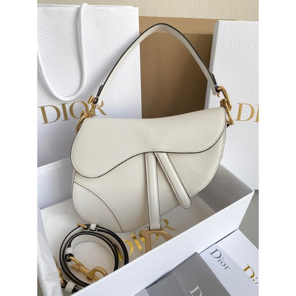 D*or saddle bag with strap in white grained calfskin