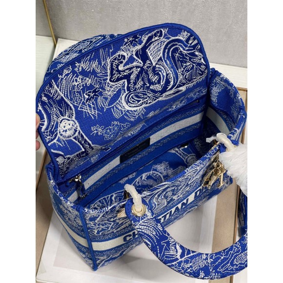 D*or lady d-lite medium bag in fluorescent blue toile de jouy reverse embroidery