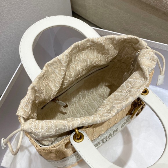 D*or medium lady D*or bag in wicker and white oblique jacquard