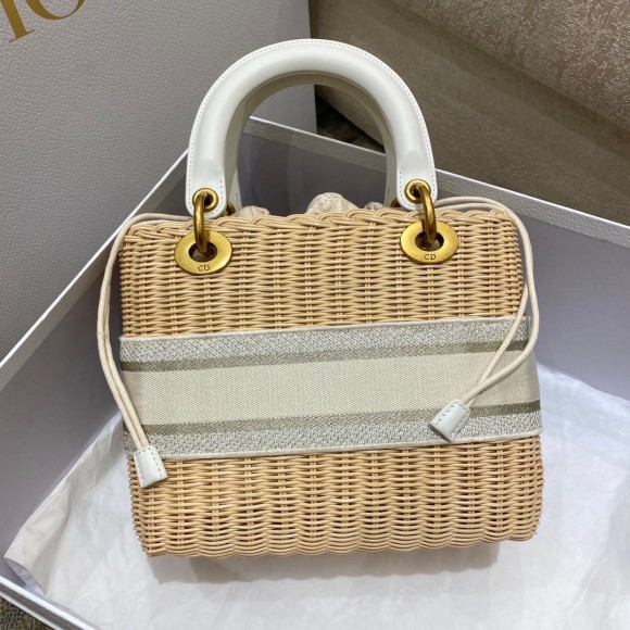 D*or medium lady D*or bag in wicker and white oblique jacquard