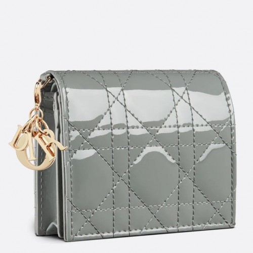 Dior Mini Lady Dior Wallet In Grey Patent Calfskin