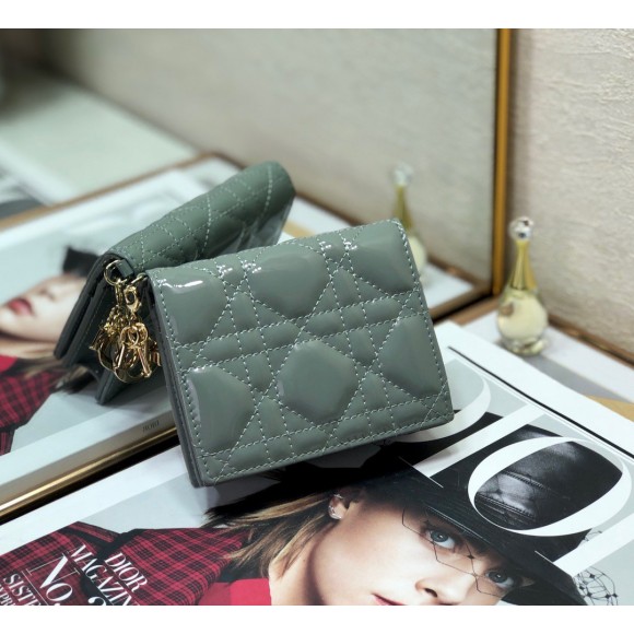 D*or mini lady D*or wallet in grey patent calfskin