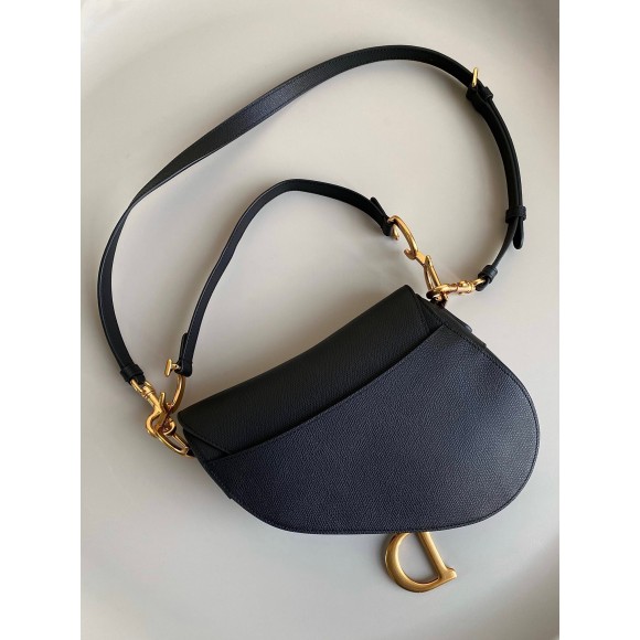 D*or saddle bag with strap in black grained calfskin