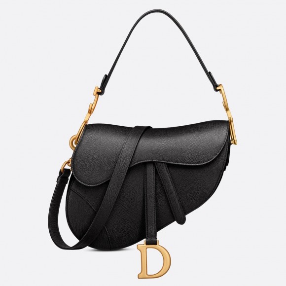 D*or saddle bag with strap in black grained calfskin