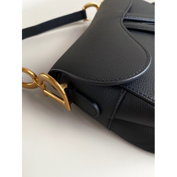 D*or saddle bag with strap in black grained calfskin