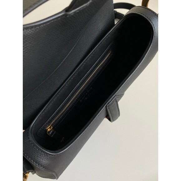 D*or saddle bag with strap in black grained calfskin