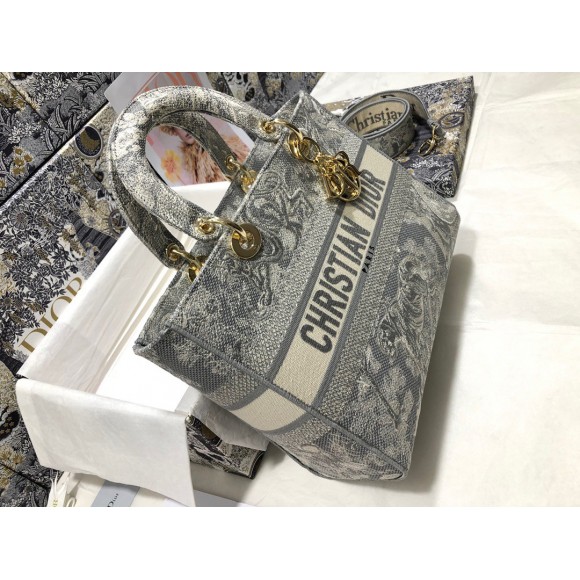 D*or lady d-lite large bag in gray toile de jouy reverse embroidery