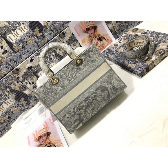 D*or lady d-lite large bag in gray toile de jouy reverse embroidery