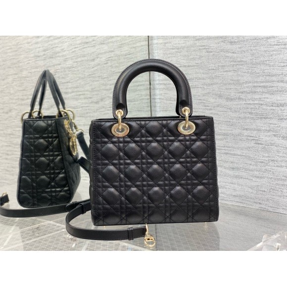 D*or small lady D*or bag in black grained cannage calfskin