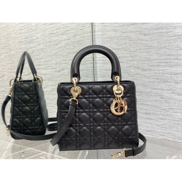 D*or small lady D*or bag in black grained cannage calfskin