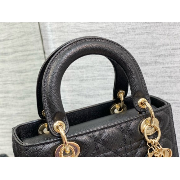 D*or small lady D*or bag in black grained cannage calfskin