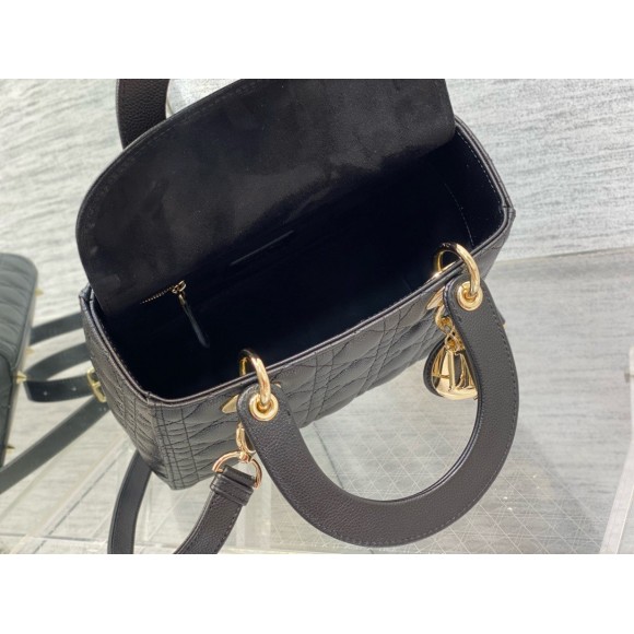 D*or small lady D*or bag in black grained cannage calfskin