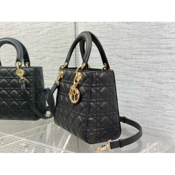 D*or small lady D*or bag in black grained cannage calfskin