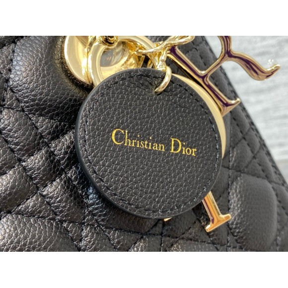 D*or small lady D*or bag in black grained cannage calfskin