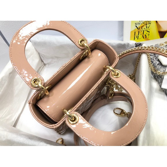 D*or lady D*or mini chain bag with chain in nude patent calfskin