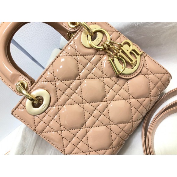 D*or lady D*or mini chain bag with chain in nude patent calfskin