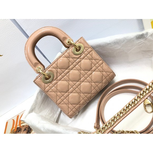 D*or lady D*or mini chain bag with chain in nude patent calfskin