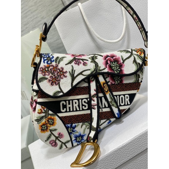 D*or saddle bag in white multicolor D*or petites fleurs embroidery