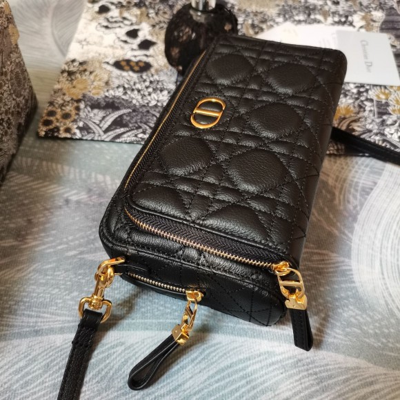 D*or caro double pouch in black cannage calfskin