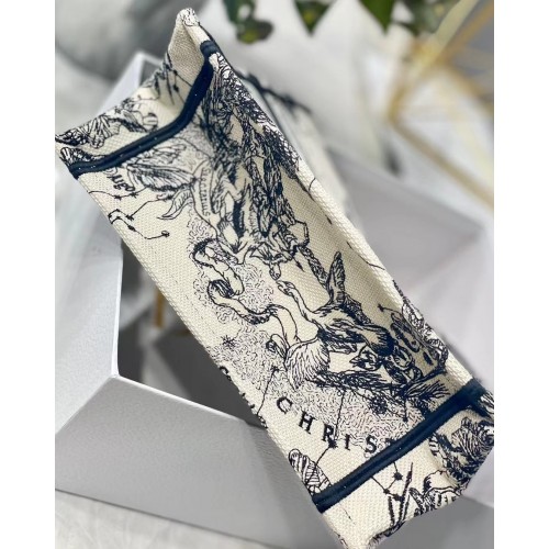 Dior Small Book Tote Bag In White Toile de Jouy Zodiac Embroidery