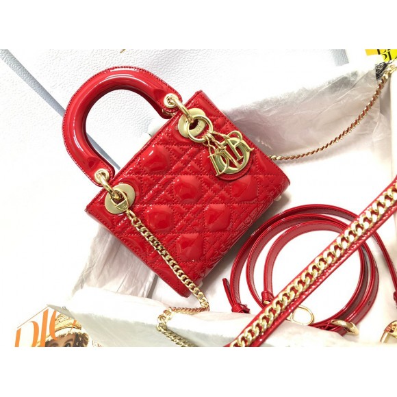 D*or lady D*or mini chain bag with chain in red patent calfskin